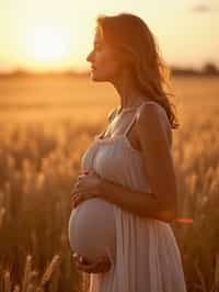 healthy pregnant woman in maternity photographs, beautiful pregnant woman, maternity photography in field of wheat. golden hour