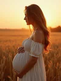 healthy pregnant woman in maternity photographs, beautiful pregnant woman, maternity photography in field of wheat. golden hour