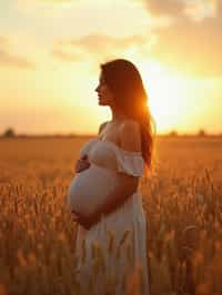 healthy pregnant woman in maternity photographs, beautiful pregnant woman, maternity photography in field of wheat. golden hour