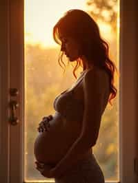 healthy pregnant woman in maternity photographs, beautiful pregnant woman, maternity photography in beautiful home. golden hour