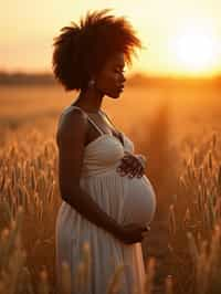 healthy pregnant woman in maternity photographs, beautiful pregnant woman, maternity photography in field of wheat. golden hour