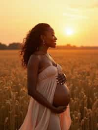 healthy pregnant woman in maternity photographs, beautiful pregnant woman, maternity photography in field of wheat. golden hour