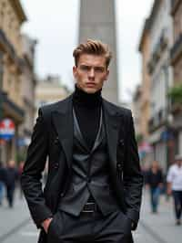 sharp and trendy man in Buenos Aires wearing a modern street style outfit, Obelisco de Buenos Aires in the background