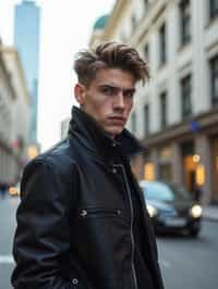 sharp and trendy man in Buenos Aires wearing a modern street style outfit, Obelisco de Buenos Aires in the background