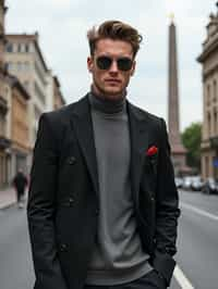 sharp and trendy man in Buenos Aires wearing a modern street style outfit, Obelisco de Buenos Aires in the background