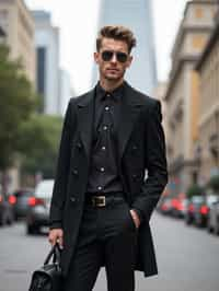 sharp and trendy man in Buenos Aires wearing a modern street style outfit, Obelisco de Buenos Aires in the background