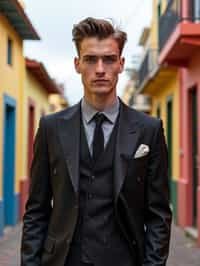 sharp and trendy man in Buenos Aires wearing a tango-inspired dress/suit, colorful houses of La Boca neighborhood in the background