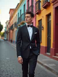 sharp and trendy man in Buenos Aires wearing a tango-inspired dress/suit, colorful houses of La Boca neighborhood in the background