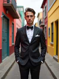 sharp and trendy man in Buenos Aires wearing a tango-inspired dress/suit, colorful houses of La Boca neighborhood in the background