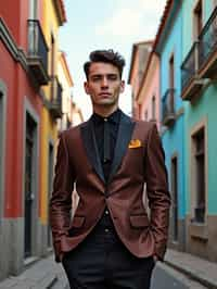 sharp and trendy man in Buenos Aires wearing a tango-inspired dress/suit, colorful houses of La Boca neighborhood in the background