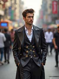 sharp and trendy man in Mumbai wearing a contemporary fusion outfit, bustling streets of Mumbai in the background