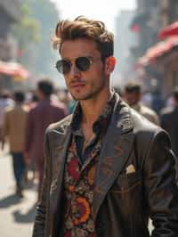 sharp and trendy man in Mumbai wearing a contemporary fusion outfit, bustling streets of Mumbai in the background