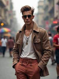 sharp and trendy man in Mumbai wearing a contemporary fusion outfit, bustling streets of Mumbai in the background