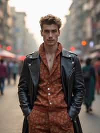 sharp and trendy man in Mumbai wearing a contemporary fusion outfit, bustling streets of Mumbai in the background