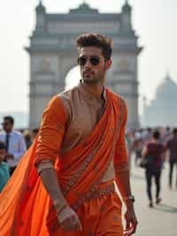 sharp and trendy man in Mumbai wearing a vibrant saree/kurta, Gateway of India in the background