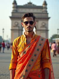 sharp and trendy man in Mumbai wearing a vibrant saree/kurta, Gateway of India in the background