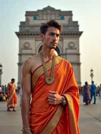 sharp and trendy man in Mumbai wearing a vibrant saree/kurta, Gateway of India in the background