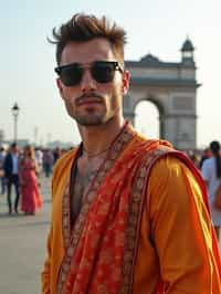 sharp and trendy man in Mumbai wearing a vibrant saree/kurta, Gateway of India in the background