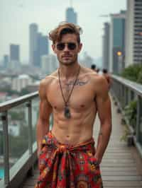 sharp and trendy man in Thailand wearing a vibrant sarong, Bangkok in the background