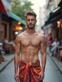 sharp and trendy man in Thailand wearing a vibrant sarong, Bangkok in the background