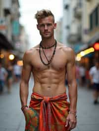 sharp and trendy man in Thailand wearing a vibrant sarong, Bangkok in the background