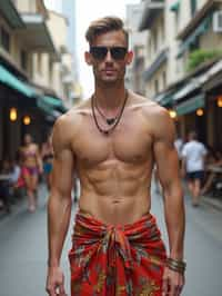 sharp and trendy man in Thailand wearing a vibrant sarong, Bangkok in the background