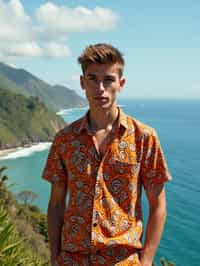 sharp and trendy man in Bali wearing vibrant Batik clothes, Bali, Indonesia in the background