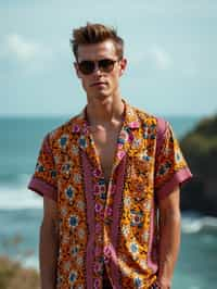 sharp and trendy man in Bali wearing vibrant Batik clothes, Bali, Indonesia in the background