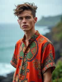 sharp and trendy man in Bali wearing vibrant Batik clothes, Bali, Indonesia in the background