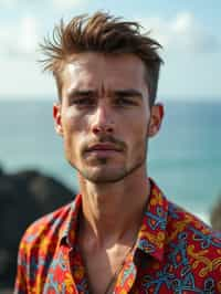 sharp and trendy man in Bali wearing vibrant Batik clothes, Bali, Indonesia in the background