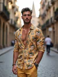 sharp and trendy man in Barcelona wearing a stylish summer outfit, La Sagrada Família in the background