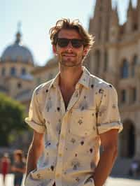 sharp and trendy man in Barcelona wearing a stylish summer outfit, La Sagrada Família in the background