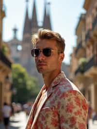 sharp and trendy man in Barcelona wearing a stylish summer outfit, La Sagrada Família in the background