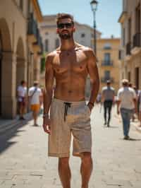 sharp and trendy man in Barcelona wearing a stylish summer outfit, La Sagrada Família in the background