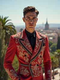 sharp and trendy man in Barcelona wearing a flamenco-inspired dress/suit, Park Güell in the background