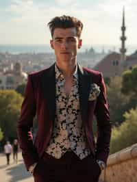 sharp and trendy man in Barcelona wearing a flamenco-inspired dress/suit, Park Güell in the background