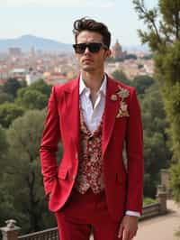 sharp and trendy man in Barcelona wearing a flamenco-inspired dress/suit, Park Güell in the background