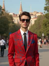 sharp and trendy man in Barcelona wearing a flamenco-inspired dress/suit, Park Güell in the background