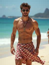 sharp and trendy man in Rio de Janeiro wearing a trendy swimsuit and sarong, Copacabana Beach in the background