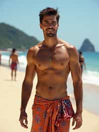 sharp and trendy man in Rio de Janeiro wearing a trendy swimsuit and sarong, Copacabana Beach in the background