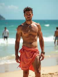 sharp and trendy man in Rio de Janeiro wearing a trendy swimsuit and sarong, Copacabana Beach in the background