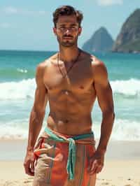 sharp and trendy man in Rio de Janeiro wearing a trendy swimsuit and sarong, Copacabana Beach in the background