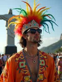 sharp and trendy man in Rio de Janeiro wearing a vibrant carnival-inspired costume, Christ the Redeemer statue in the background