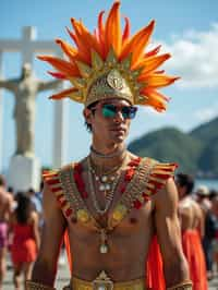 sharp and trendy man in Rio de Janeiro wearing a vibrant carnival-inspired costume, Christ the Redeemer statue in the background