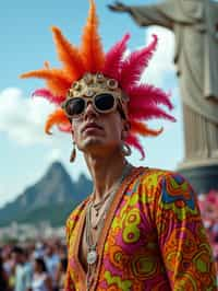 sharp and trendy man in Rio de Janeiro wearing a vibrant carnival-inspired costume, Christ the Redeemer statue in the background