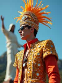 sharp and trendy man in Rio de Janeiro wearing a vibrant carnival-inspired costume, Christ the Redeemer statue in the background