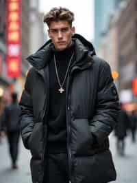 sharp and trendy man in Shanghai wearing a contemporary streetwear outfit, Nanjing Road in the background