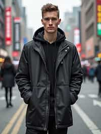 sharp and trendy man in Shanghai wearing a contemporary streetwear outfit, Nanjing Road in the background