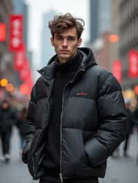 sharp and trendy man in Shanghai wearing a contemporary streetwear outfit, Nanjing Road in the background