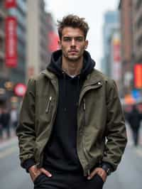 sharp and trendy man in Shanghai wearing a contemporary streetwear outfit, Nanjing Road in the background